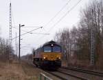 Class 66 der Heavy Haul Power durchfhrt hier solo den Haltepunkt Ragow. Dieser Ort befindet sich zwischen Lbbenau und Lbben. 28.02.2009 