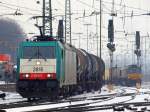 186 207 am 12.02.2010 mit einem Kesselzug bei der Ausfahrt aus Aachen West nach Belgien. Die Class66 von DLC mit einem Containerzug folgt gleich im Blockabstand.