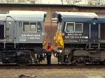 Eine Class66 der Nordbayerischen Eisenbahn koppelt am 31.03.2010 an die Rurtalbahn Class66, um diese aus Aachen West zu schleppen.