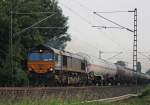 DE6304 unterwegs im Auftrag der Ruhrtalbahn mit einem Gterzug Richtung Mnchengladbach am Km 29.0 bei Geilenkirchen, 22.6.10