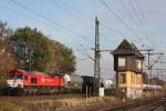 Die Crossrail PB 03  Mireille  fhrt am 20.11.11 mit einem Gterzug durch Krefeld-Hohenbudberg.