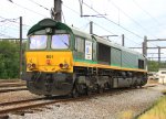 Die Class 66 PB01 von der Rurtalbahn steht abgestellt in Montzen-Gare(B) bei Wolken am 7.6.2012.