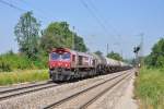 DE 61 der HGK mit einem Kesselwagen-Zug in Richtung Ulm.Aufgenommen auf der Filsbahn in Gingen(Fils)am 27.7.2012