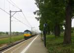 Die Class 66 PB06 der RRF kommt mit viel Qualm durch Geleen-Lutterade(NL) mit einem langen Kalkleerzug aus Veendam(NL) nach Hermalle-Huy(B) und fährt in Richtung Maastricht(NL),Vise(B).