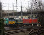 Die Class 66 266 024-9 von Railtraxx rangiert in Aachen-West. 
Aufgenommen vom Bahnsteig in Aachen-West. 
Bei Wolken am Kalten Nachmittag vom 26.2.2017.