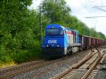 OHE 1028 mit Schrottzug vom Bahnsteig in Ostbevern am 30.07.2014