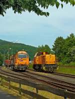 Bahnbetrieb auf dem Rangierbahnhof der Kreisbahn Siegen-Wittgenstein (Betriebseinrichtung Freien Grunder Eisenbahn) in Herdorf am 19.06.2013.