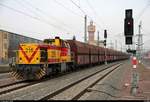 Lok 216 (BR 275 | MaK G 1206) der Mitteldeutschen Eisenbahngesellschaft mbH als Gz durchfährt den Bahnhof Merseburg auf Gleis 3 Richtung Großkorbetha.