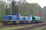 MWB V2106 am 2.5.12 mit einem Schadzug bestehend aus LTE 2170 001,einem Getreidewagen und einem Schiebewandwagen bei der Einfahrt in die Ausweiche in Ratingen-Lintorf.
