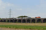 Ein von der Diesellokomotive 275 006-5 gezogener Kesselzug war Ende August 2022 auf der Duisburg-Hochfelder Eisenbahnbrücke zu sehen.