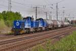 InfraLeuna 211 (275 014-9) und 210 (275 013-1) kommen mit einem Kesselwagenzug aus Großkorbetha am 30.04.2012.
