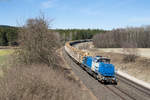 277 005-5 der SETG mit dem Vollholzzug aus Cheb nach Wiesau bei Oberteich, 07.04.2018