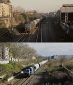 Die Düsseldorfer Güterumgehungsbahn zweigt in Lierenfeld von der Hauptstrecke Köln - Düsseldorf - Duisburg ab und führt östlich am Hauptbahnhof vorbei nach Derendorf. Auf dem oberen Bild verlässt 140 231-2 Mitte der 1980er Jahre mit einem Güterzug den Güterbahnhof Lierenfeld in Richtung Norden. Nach Stilllegung dieses Bahnhofs wird die Strecke nur noch von wenigen Zügen befahren. Zu den zuverlässigen Leistungen gehört der Sodazug zu den Henkelwerken, hier am 04.03.2020 auf der Rückfahrt von Düsseldorf-Reisholz nach Millingen in Höhe Werdener Straße. Inzwischen ist die Verbindungsbahn eingleisig zurückgebaut, auf dem Gelände des Güterbahnhofes entstehen derzeit neue Bürobauten. Auch die Vereinigten Kesselwerke, zu denen die Halle am rechten Bildrand gehört, wurden stillgelegt, dort befinden sich heute Amts- und Landgericht. (Neubearbeitung eines bereits eingestellten Vergleichsbildes)