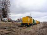 V 150.04 in Frankleben mit einem Umbauzug nach erfolgreicher HU in Stendal am 11.03.09