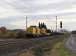 Hatte ganz schn zu arbeiten die 293 508-8, als sie am 03.11.2011 mit LW-Gleiskran und RailPro Schotterwagen in Richtung Norden kurz hinter Eschwege West vorbei kam.