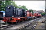 V 36204 vor diversen Loks der BE bei der Fahrzeugschau der Bentheimer Eisenbahn in Nordhorn am 21.5.1995.