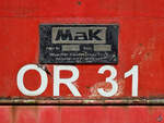 Herstellerschild auf der MaK-Diesellokomotive OR31, so gesehen Ende Juli 2021 in Hattingen.