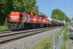 Die beiden RHC Dieselloks 0272 020-5 und 0272 019-7 kommen am Donnerstagmittag mit einem Kohlestaubzug aus Rommerskirchen gen Köln durch Stommeln gefahren. 25.5.2017