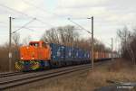 MaK G 1205 der Northrail hat am 27.02.10 einen langen Containerzug am Haken und befrdert diesen aus den Rbf Alte Sderelbe in den Gbf Hamburg-Harburg.