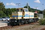 Am 11.09.2019 durchfährt eine CKG D 100 BB der M-Rail AG (98 80 580 008-7 D-MFAG) den Bahnhof von Biberach (Riß) in Richtung Ulm.
