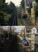 Die Düsseldorfer Güterumgehungsbahn einst & jetzt: Oben ist 290 051-6 Ende der 1980er Jahre solo in Richtung Lierenfeld unterwegs, unten befährt die NIAG 1 mit dem Sodazug aus Millingen am 04.03.2020 die gleiche Strecke. Allzuviel hat sich in den mehr als 30 Jahren nicht geändert, allerdings ist das zweite Gleis zum/vom Güterbahnhof Derendorf abgebaut worden.