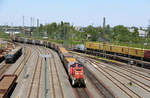 Die sehr siffig wirkende 294 715 erreicht, vom Neusser Hafen komend, den Neusser Güterbahnhof.
Aufgenommen von der Straßenbrücke über den Güterbahnhof am 3. Juli 2018.