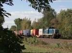 295 088 zu sehen als Schiebelok an einem Containerzug am 09.10.14 an der Schöpsdrehe bei Plauen/V.