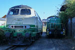 Die Diesellokomotiven 218 396-0 und 295 043 waren Anfang Oktober 2021 in Brohl-Lützing zu sehen.