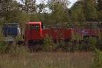 Eine farbenfrohe V60 (Hier Waldbahnlok) versteckt sich auf dem Gelände der WISAG in Brieske, denn nicht das komplette Werksgelände wurde freigeschnitten.Teleaufnahme.