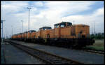 Breitspur Rangierlokomotiven der Reihe 347 warten hier am 10.9.1995 im Hafen Mukran auf ihren Einsatz. Von vorn zu sehen sind 347120, 347027 und 347074.
