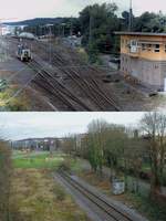 Das Gelände des Güterbahnhofes Düsseldorf-Grafenberg einst & jetzt: Auf dem oberen Bild der Zustand um 1990 mit einer 261 (heute 361) als Rangierlok. Damals waren die meisten der ursprünglich 16 Aufstellgleise und 5 Rampen-/Schuppen- und Ladegleise noch vorhanden. Vom im Kopfform angelegten Bahnhof wurden insgesamt 47 Anschlüsse in den Stadtteilen Grafenberg, Flingern und Lierenfeld bedient. Darunter die Situation am 24.01.2018: Auf dem früheren Bahnhofsgelände befinden sich neue Bürogebäude und Grünflächen. Übrig geblieben ist ein Kopfgleis zum Fahrtrichtungswechsel für die dreimal in der Woche verkehrende Übergabe von Düsseldorf-Derendorf nach Lierenfeld. Die Oberleitung ist verschwunden, zur Bedienung reicht eine 261 (neu) aus.