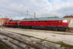 261 654-8 und 233 217-9 am 24.01.2021 in Mannheim-Rheinau zu sehen. Foto wurde gegenüber des Bahnhofs Mannheim-Rheinau gemacht auf dem Gehweg, die beiden Loks standen auf einem Nebengleis und warteten vermutlich auf eine Weiterfahrt.