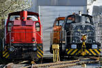 Eine rote Henschel DH500, eine Diesellokomotive im Raubtierkleid sind aktuell auf dem Gelände der Westfälische Lokomotiv Fabrik Karl Reuschling in Hattingen abgestellt.