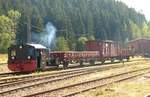 03.09.2011, V.WCd-Schmalspurbahnfestival im Bahnhof Schönheide Süd. Schön war's und sogar das Wetter spielte erstmals mit. Hauptprogrammpunkt war das Verladen von regelspurigen Güterwagen auf Schmalspur-Rollwagen. Lok 99 574 rangierte den Schmalspur-Güterzug, 99 606 war als Deko aufgestellt und Kö 4017 (Kö II 1961 Dessau) brachte die Regelspurwagen heran. 