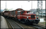 Am 13.5.1995 fuhr um 12.30 Uhr dieser historische Kleingüterzug mit Köf III 11.109 und alten Güterwagen durch den HBF Aachen.