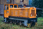 DR-Schmaldiesellok 199 008 am 17.09.1991 in Willischthal, diesmal von der anderen Seite.