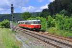 VS 14 mit VT 8 mit dem Sonntäglichen Ausflugsverkehr RB(SAB)161 von Münsingen nach Schelklingen.Aufgenommen bei Schelklingen am 15.6.2014