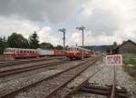 Am 31.07.14 fuhren VS 14 und VT 8 der SAB als SAB-Sommerferien-Express (Münsingen-Schelklingen) Hier bei der Ausfahrt Münsingen.