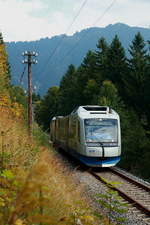 Am 24.09.2017 hat VT 101 der BOB vor kurzem den Bahnhof Bayrischzell verlassen und sich auf den Weg nach München gemacht