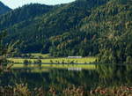 Ein Integral der BOB fährt am Morgen des 22.09.2017 am Schliersee entlang in Richtung München