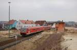 610 511 bei der Einfahrt in Vilseck am 22.03.2009  Der ehemalige B wurde hier Provisorisch hinter das Stellwerk verlegt, weil an der Stelle eine Unterfhrung entsteht.