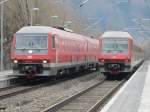 21.2.2011 12:59 DB AG Baureihe 610 014 aus Nrnberg nach Neustadt (Waldnnab) und Baureihe 610 004 aus Schwandorf nach Nrnberg bei einer Zugbegegnung im Bahnhof Hartmannshof.