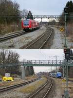 Wie man sieht, wurde die Fussgängerbrücke an der südlichen Ausfahrt des Bahnhofes Hergatz im Rahmen der Elektrifizierung durch einen Neubau ersetzt, oben die alte Brücke mit 612 124 am 15.03.2018, darunter der Neubau mit dem nach Lindau entschwindenden ET 4.29 von Go-Ahead Bayern am 24.02.2023