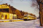 1987 war auf der nahezu 100 Jahre alten Bahn von Hof nach Bad Steben ein 614 im Newlook unterwegs.