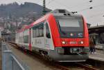 Im Bahnhof Eberbach auf Gleis 5 steht der VT 108/615 108-7 der VIAS-Odenwaldbahn und wartet auf seine Rckfahrt nach Frankfurt Hbf ber Darmstadt.