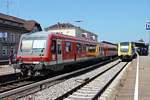 Nachschuss auf 628 549/928 549, als dieser am Morgen des 30.06.2018 als RB aus Friedrichhafen Hafen im Zielbahnhof Fridrichshafen Stadt neben 612 572/072 stand und drauf wartete, nach einmal Kopf