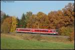 Am 01.11.07 ist 628 344-3 als RegionalExpress im Pendel Ulm Hbf-Ellwangen unterwegs, hier bei Rainau-Schwabsberg, an der KBS 786, aufgenommen.