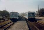 Zugkreuzung im April 1997 in Bad Doberan.Der Triebwagen links 628 651 fuhr nach Tessin whrend der rechte Triebwagen 628 696 nach Wismar fuhr.