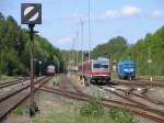 628 618/928 618 und eine Schwestermaschine neben die in die Richtung Hannover abfahrende Regionalbahn und eine Diesellok der Pressnitztalbahn (253 014-9) auf das Verschiebenegelnde von Bahnhof Soltau