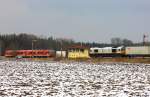 Euro Cargo Rail / DB 247 043-3 wartet mit Containerzug aus Burghausen auf den einfahrenden DB Regio 628 + 928 426  Landkreis Straubing-Bogen  der Gubodenbahn, welcher zu Gast auf der